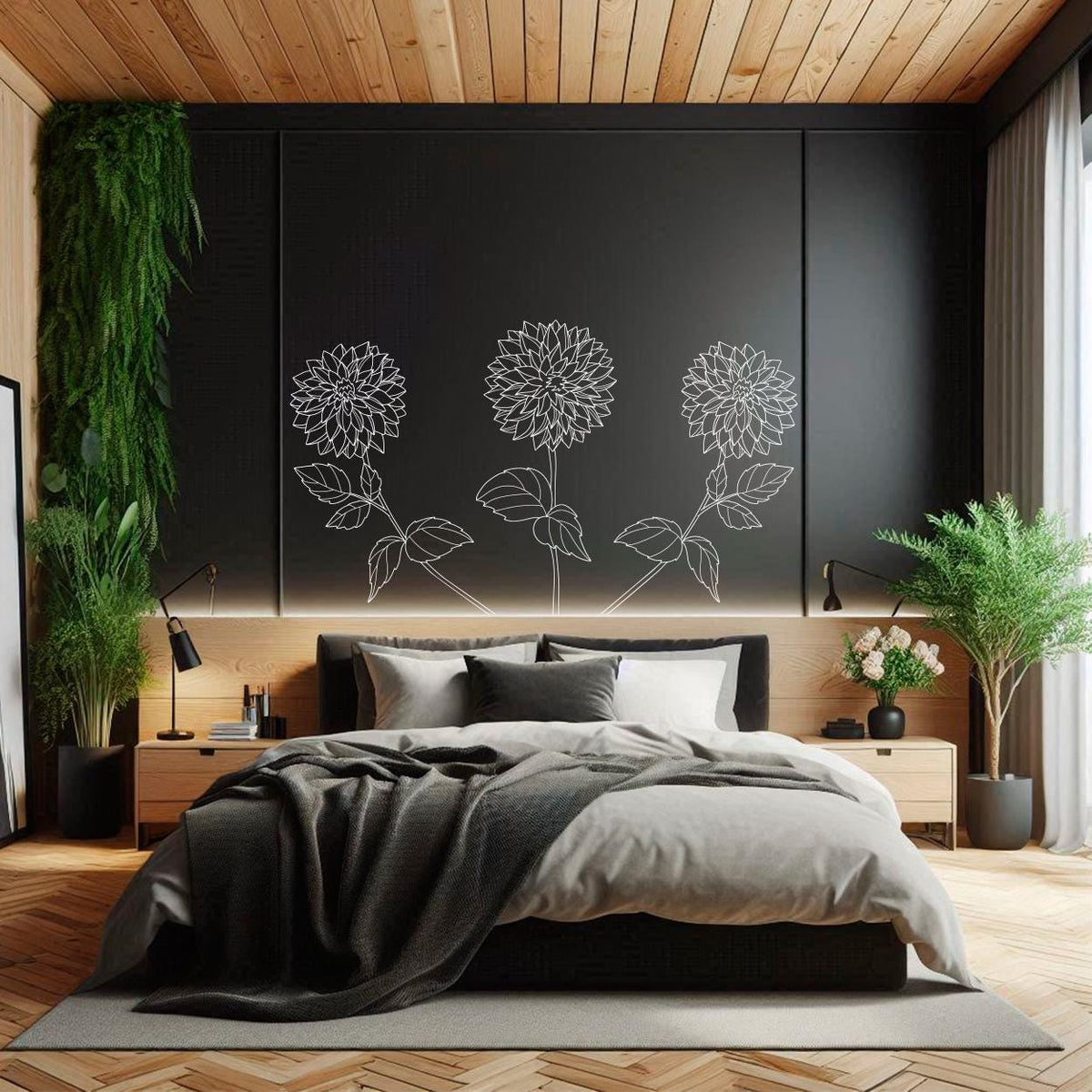 Dhalia Floral Headboard Wall Decal - Nature-themed, Minimalist, Serene Art for Kids' Bedrooms and Nurseries