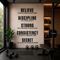Motivational Gym Wall Decal - Believe Discipline Strong Consistency Secret - Word Art for Home Gym & Workout Room
