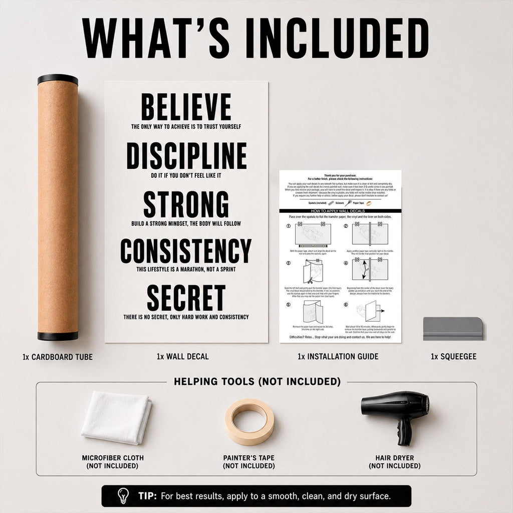 Motivational Gym Wall Decal - Believe Discipline Strong Consistency Secret - Word Art for Home Gym & Workout Room