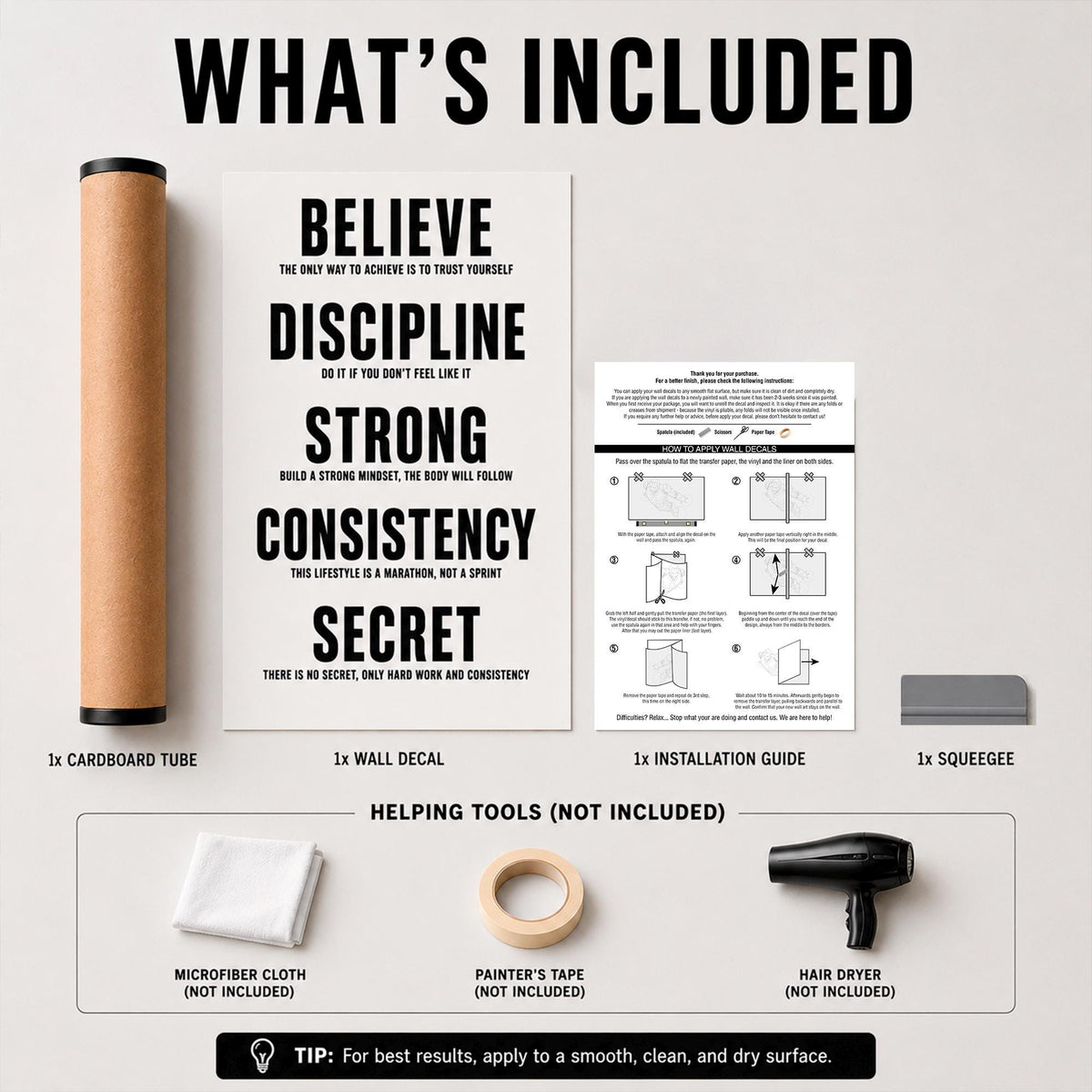 Motivational Gym Wall Decal - Believe Discipline Strong Consistency Secret - Word Art for Home Gym & Workout Room