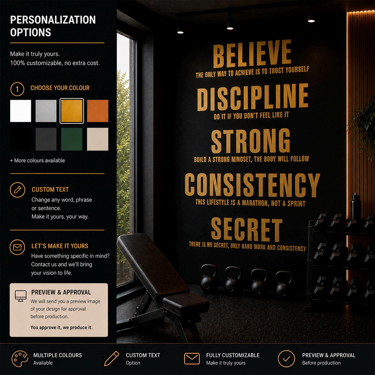 Motivational Gym Wall Decal - Believe Discipline Strong Consistency Secret - Word Art for Home Gym & Workout Room
