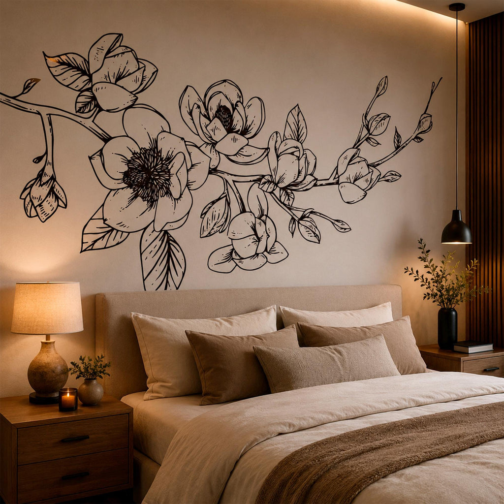 Magnolia Floral Wall Decal: Botanical Corner Art for Bedroom