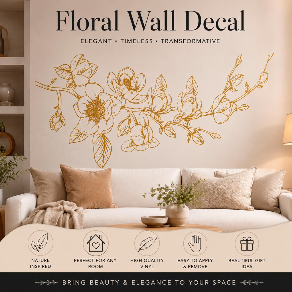 Magnolia Floral Wall Decal: Botanical Corner Art for Bedroom