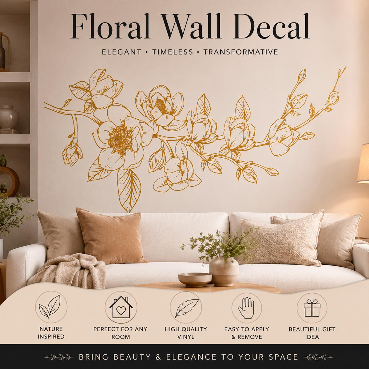 Magnolia Floral Wall Decal: Botanical Corner Art for Bedroom