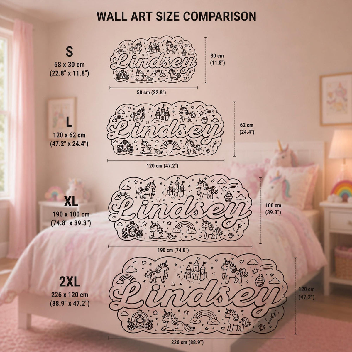 Personalized Unicorn Wall Decal for Girls Room, Custom Name Nursery & Playroom Decor