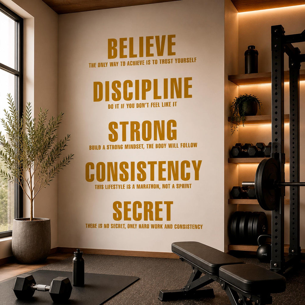 Motivational Gym Wall Decal - Believe Discipline Strong Consistency Secret - Word Art for Home Gym & Workout Room