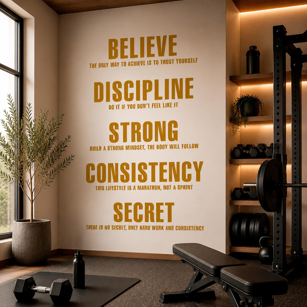 Motivational Gym Wall Decal - Believe Discipline Strong Consistency Secret - Word Art for Home Gym & Workout Room