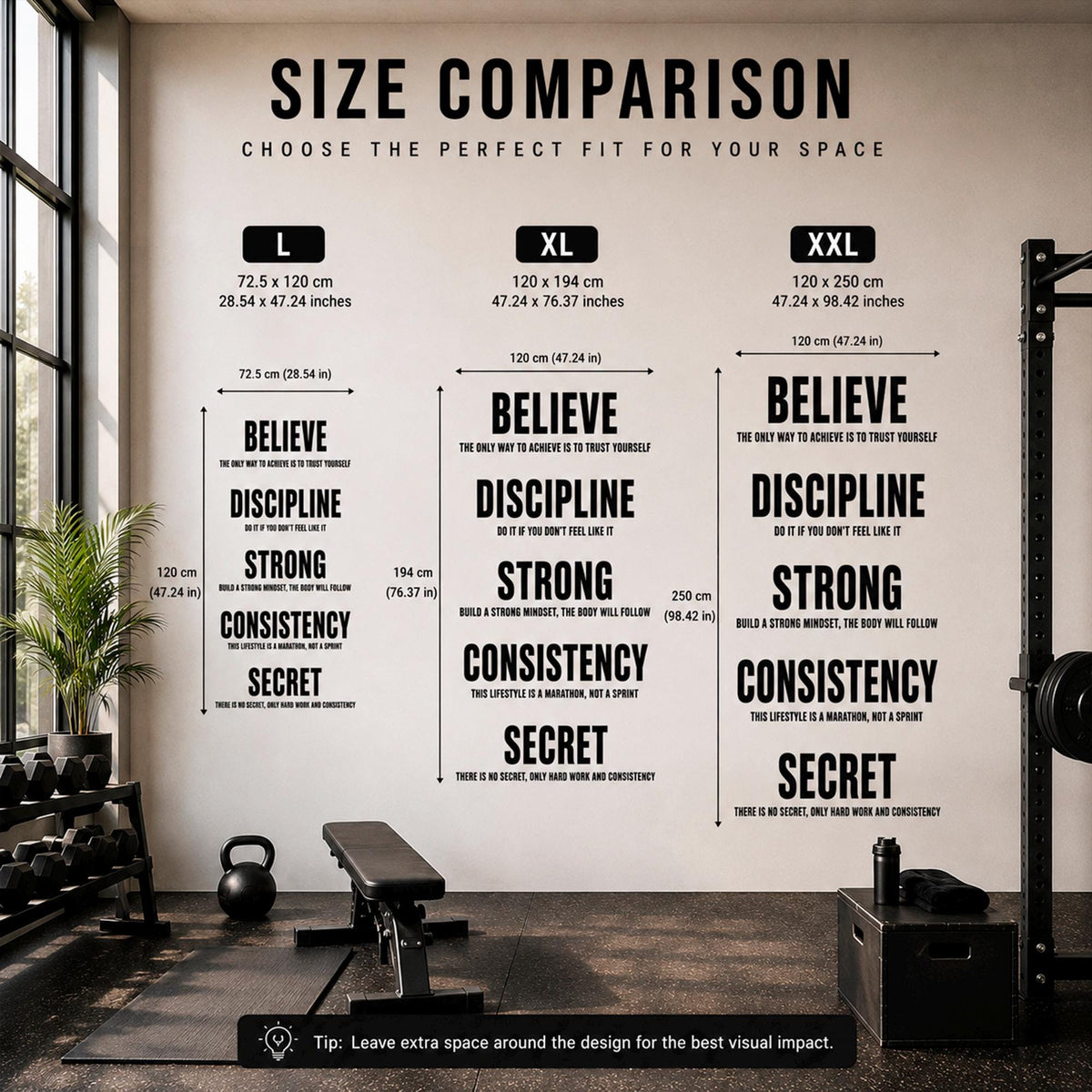 Motivational Gym Wall Decal - Believe Discipline Strong Consistency Secret - Word Art for Home Gym & Workout Room