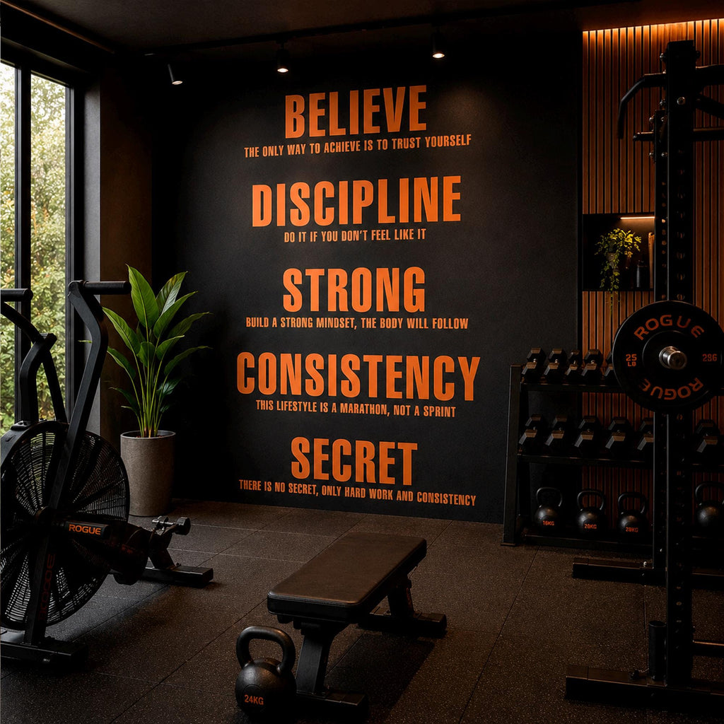 Motivational Gym Wall Decal - Believe Discipline Strong Consistency Secret - Word Art for Home Gym & Workout Room