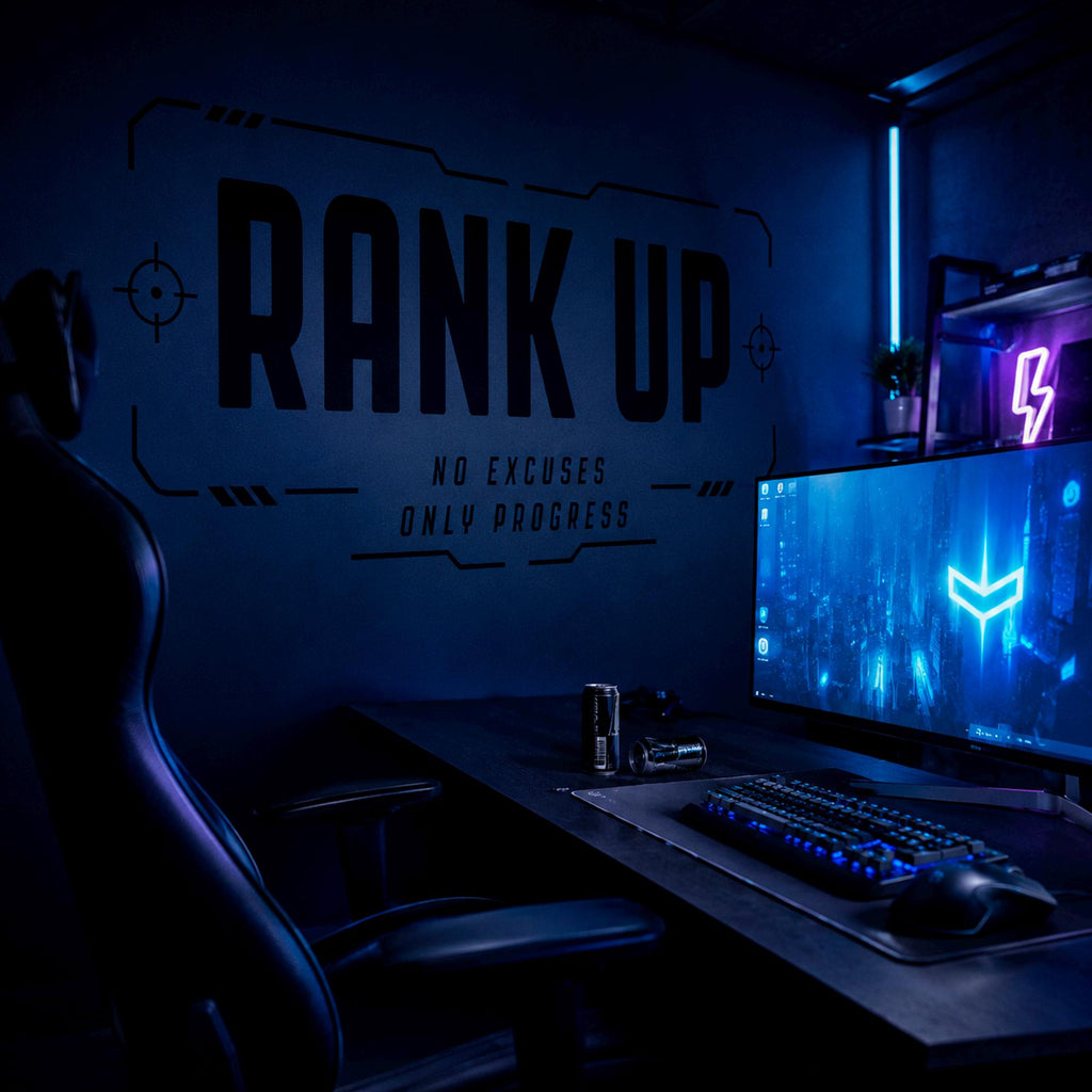 Rank Up Gaming Wall Decal, Esports Gamer Room Decor, Streamer Battlestation Sticker