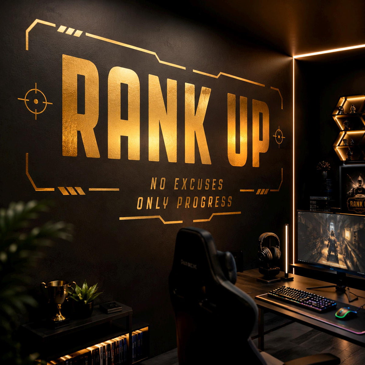 Rank Up Gaming Wall Decal, Esports Gamer Room Decor, Streamer Battlestation Sticker