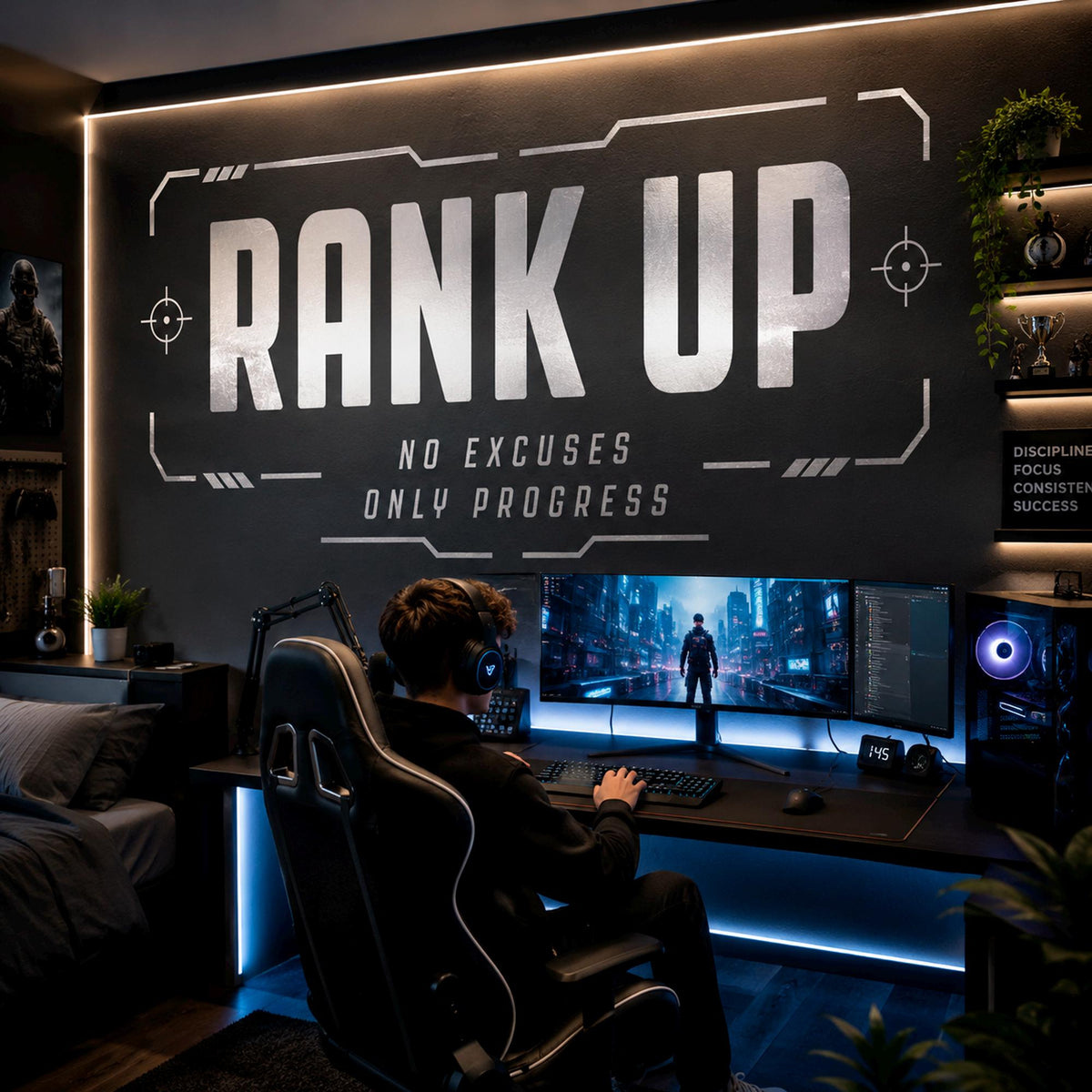 Rank Up Gaming Wall Decal, Esports Gamer Room Decor, Streamer Battlestation Sticker
