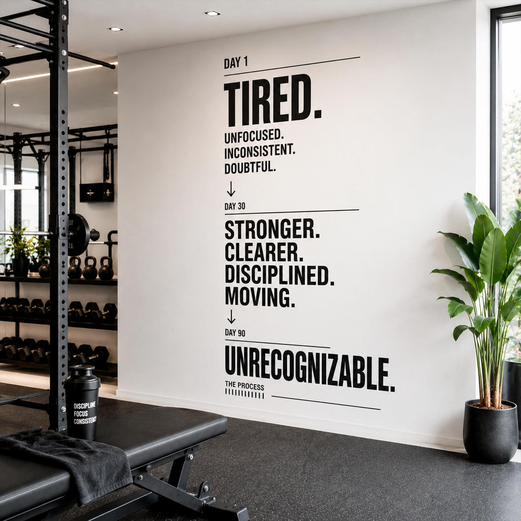 Process Gym Wall Decal, Motivational Vinyl Sticker for Home Gym Decor, Tired to Unrecognizable Workout Wall Art, Fitness Quote Sign