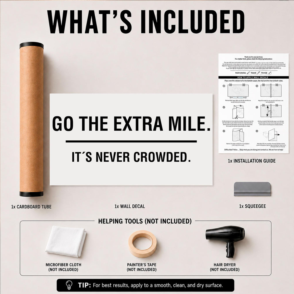 Gym Wall Decal Quote, Go The Extra Mile It's Never Crowded, Motivational Vinyl Sticker for Office