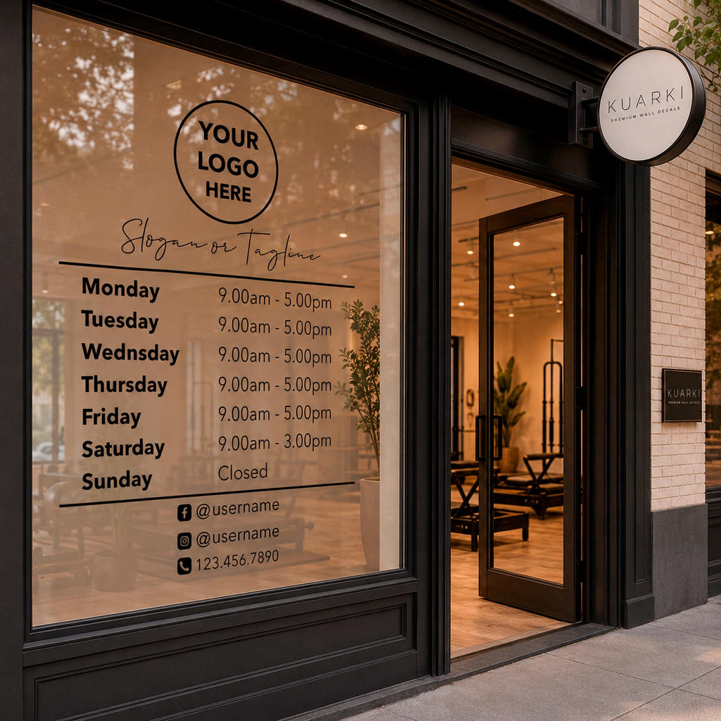 Custom Business Hours Decal, Storefront Window Sign, Vinyl Lettering with Logo