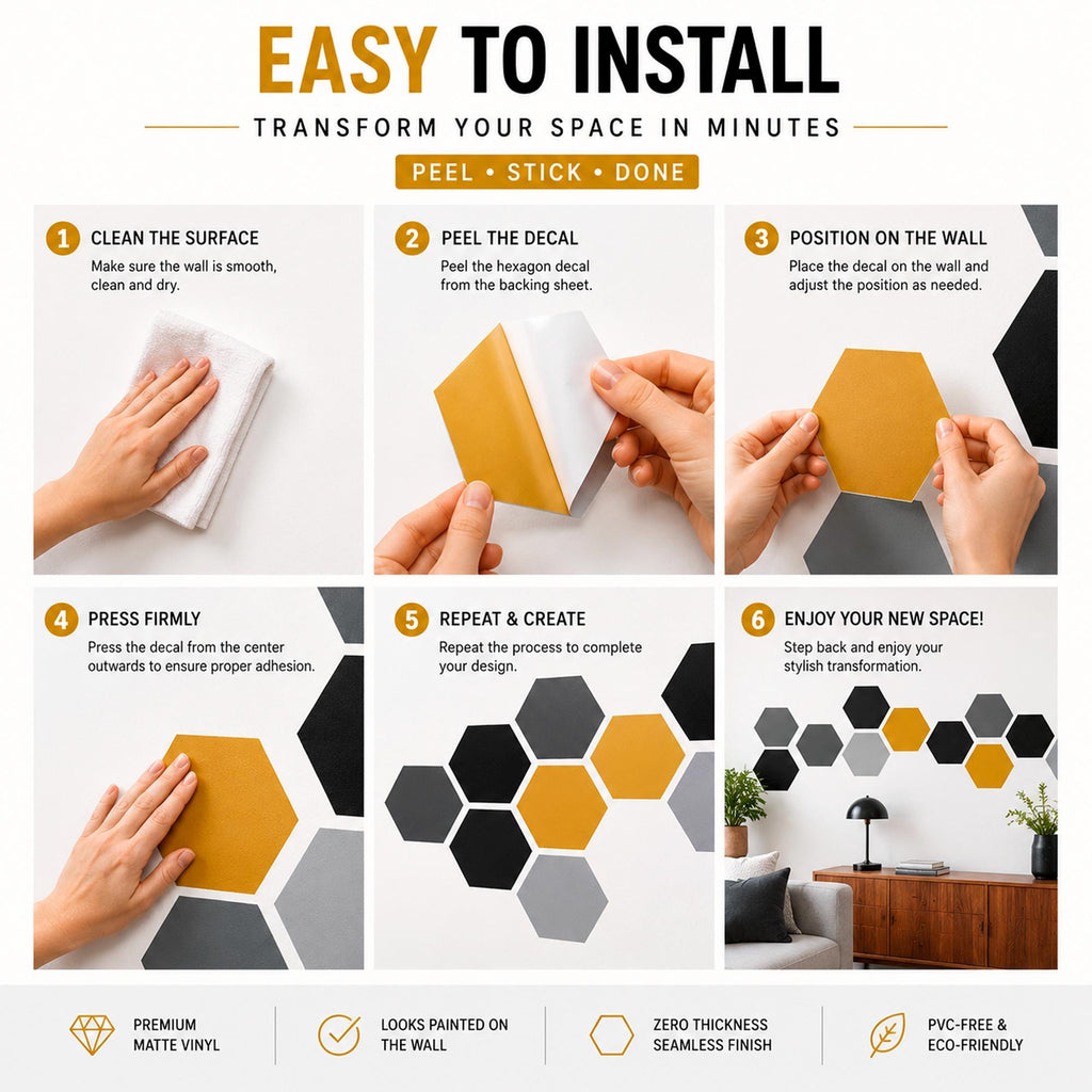Hexagon Wall Decals, Removable Geometric Wall Stickers, Mid Century Modern Home Decor, Custom Vinyl Art, Office Wall Decor