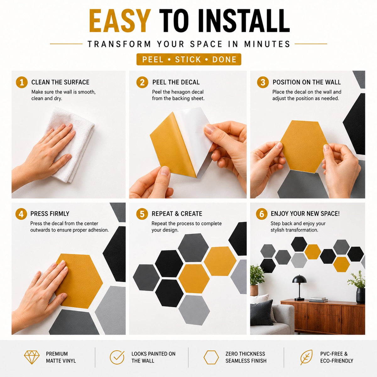 Hexagon Wall Decals, Removable Geometric Wall Stickers, Mid Century Modern Home Decor, Custom Vinyl Art, Office Wall Decor