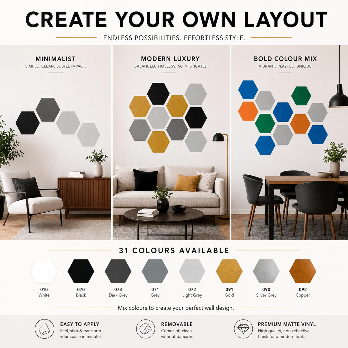 Hexagon Wall Decals, Removable Geometric Wall Stickers, Mid Century Modern Home Decor, Custom Vinyl Art, Office Wall Decor