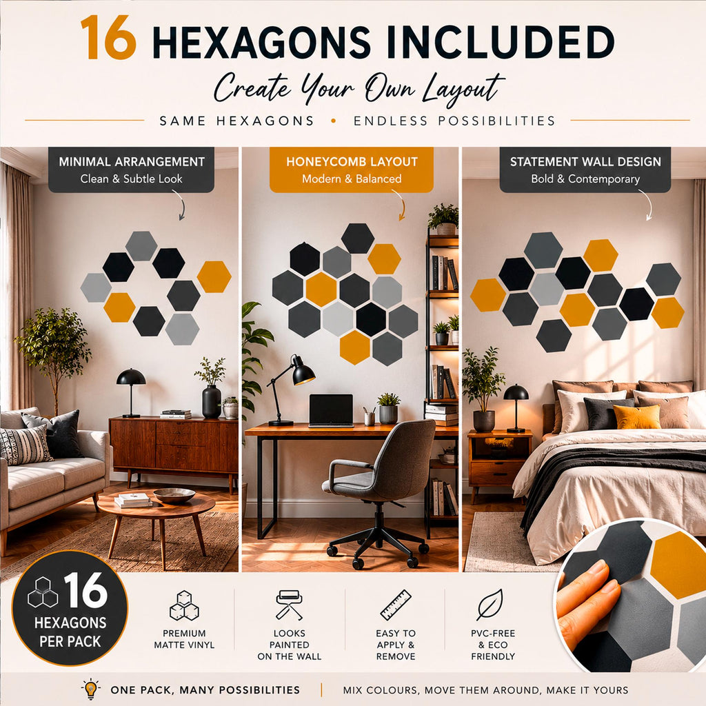 Hexagon Wall Decals, Removable Geometric Wall Stickers, Mid Century Modern Home Decor, Custom Vinyl Art, Office Wall Decor