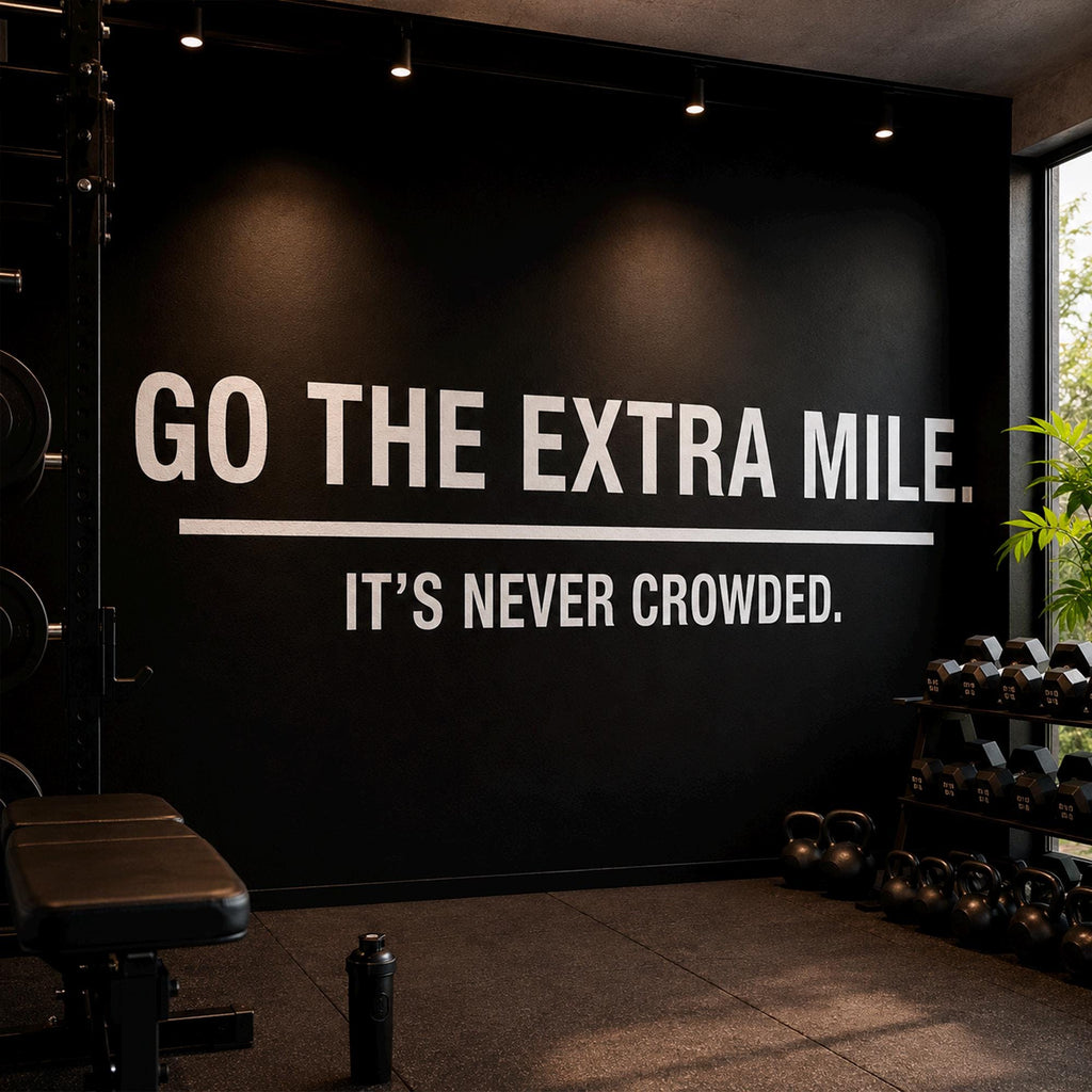 Gym Wall Decal Quote, Go The Extra Mile It's Never Crowded, Motivational Vinyl Sticker for Office