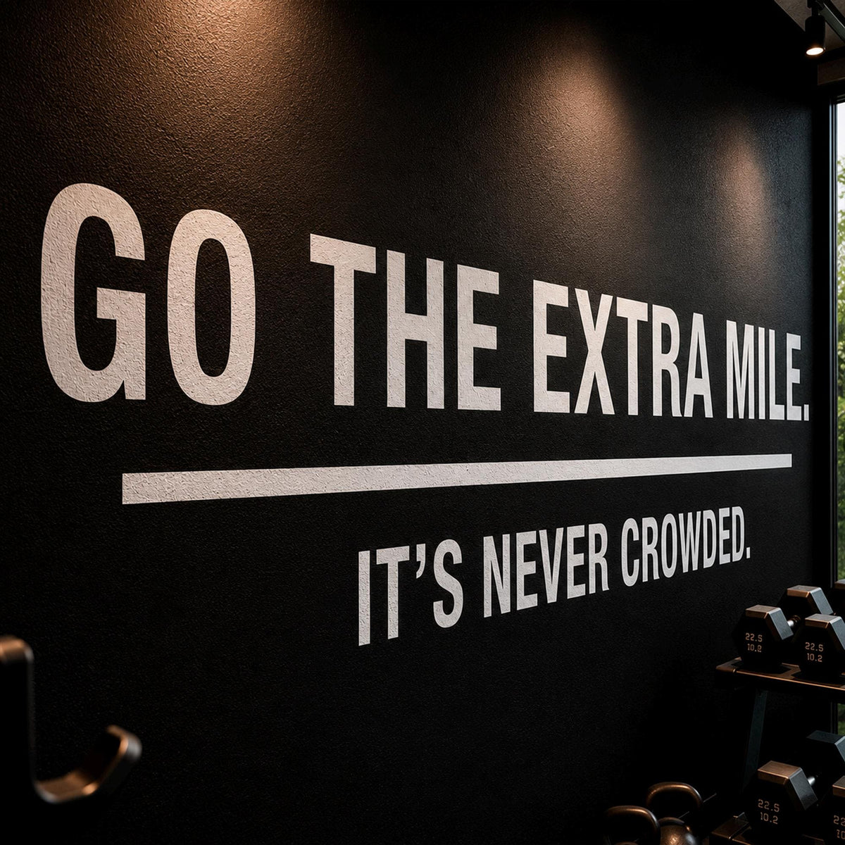 Gym Wall Decal Quote, Go The Extra Mile It's Never Crowded, Motivational Vinyl Sticker for Office