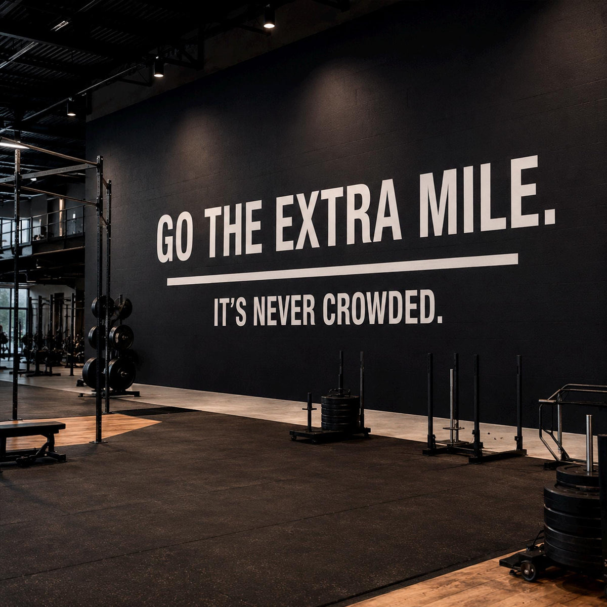 Gym Wall Decal Quote, Go The Extra Mile It's Never Crowded, Motivational Vinyl Sticker for Office