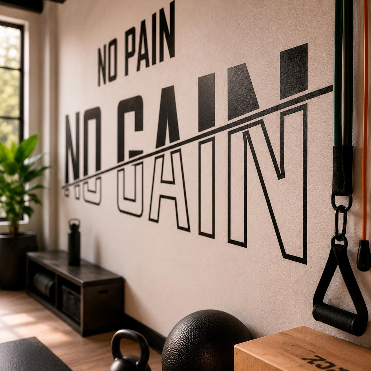 Motivational Gym Wall Decal, "No Pain No Gain" Vinyl Sticker, Home Bodybuilding Art