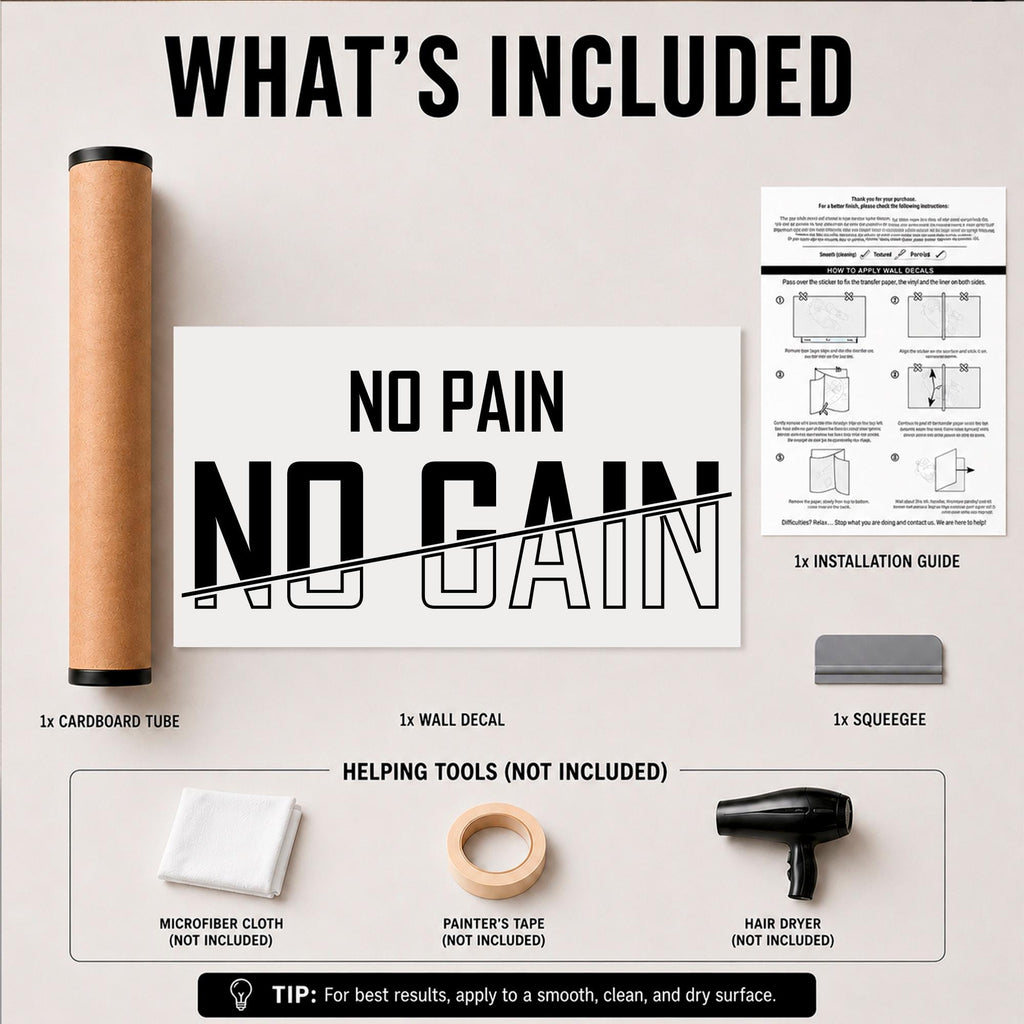 Motivational Gym Wall Decal, "No Pain No Gain" Vinyl Sticker, Home Bodybuilding Art
