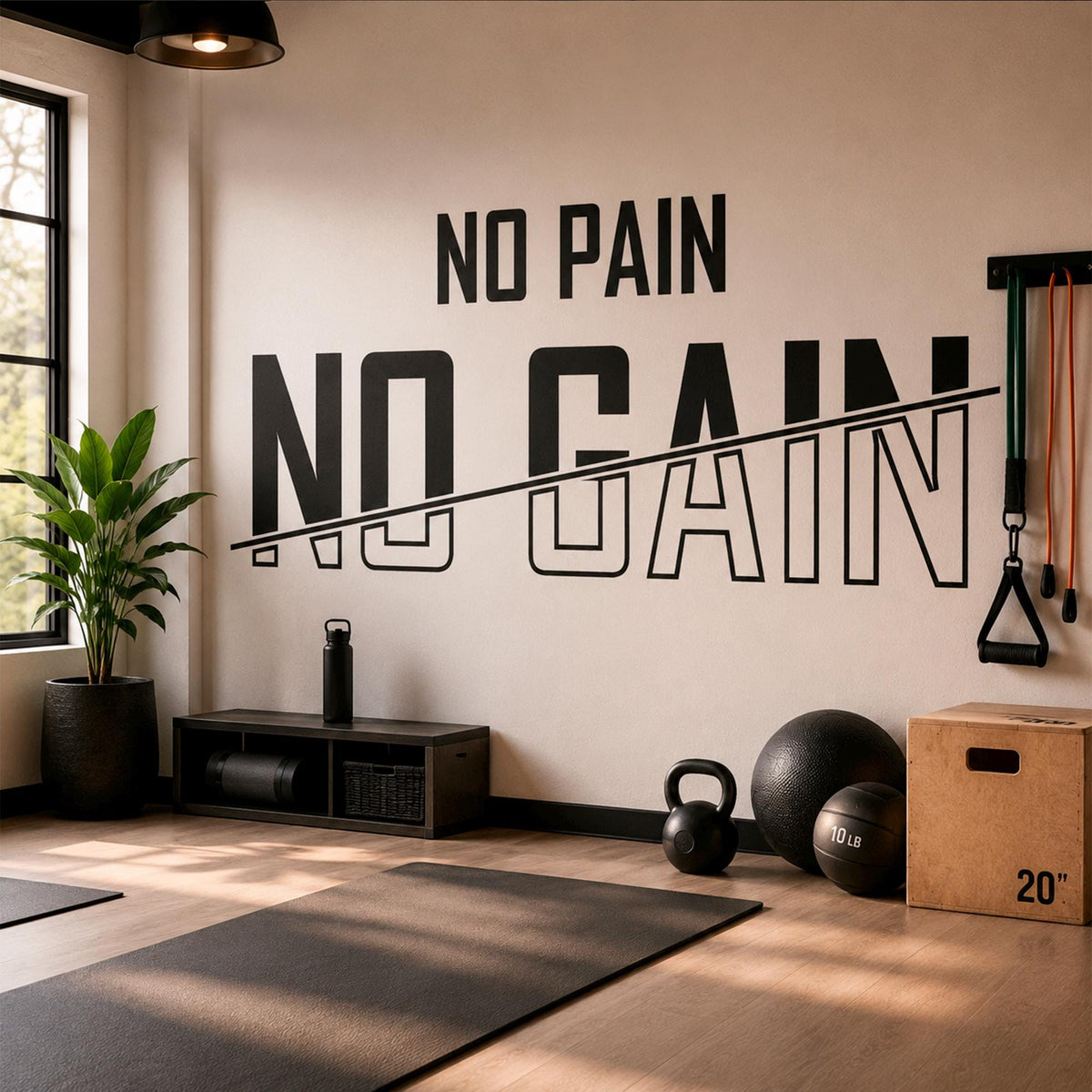 Motivational Gym Wall Decal, "No Pain No Gain" Vinyl Sticker, Home Bodybuilding Art