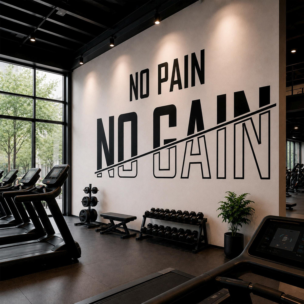 Motivational Gym Wall Decal, "No Pain No Gain" Vinyl Sticker, Home Bodybuilding Art