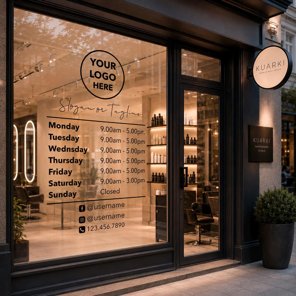 Custom Business Hours Decal, Storefront Window Sign, Vinyl Lettering with Logo