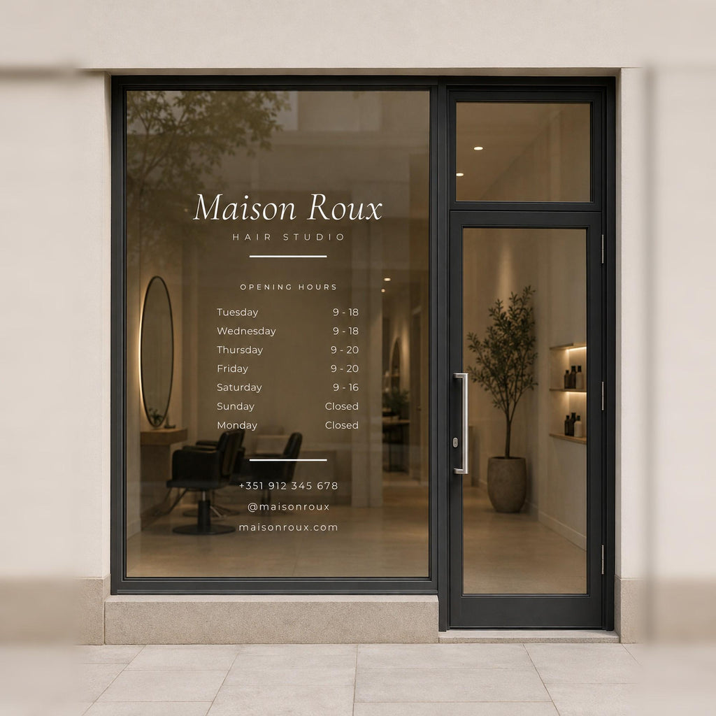 Hair Salon Window Decal, Custom Salon Suite Sign with Name Hours and Instagram, Personalized Vinyl Storefront Lettering