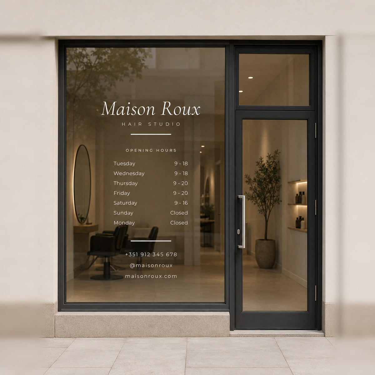 Hair Salon Window Decal, Custom Salon Suite Sign with Name Hours and Instagram, Personalized Vinyl Storefront Lettering
