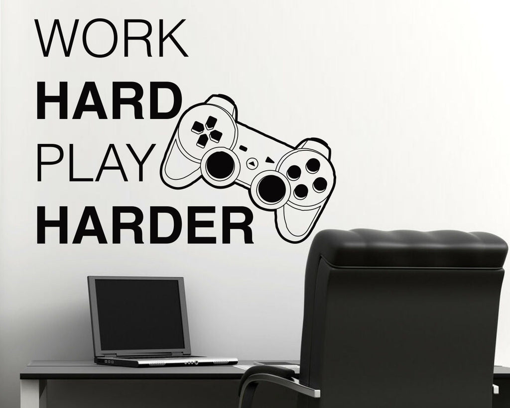 May include: Black and white wall decal with the text "WORK HARD PLAY HARDER" and a stylised image of a video game controller.