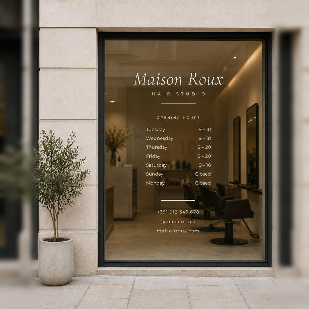 Hair Salon Window Decal, Custom Salon Suite Sign with Name Hours and Instagram, Personalized Vinyl Storefront Lettering