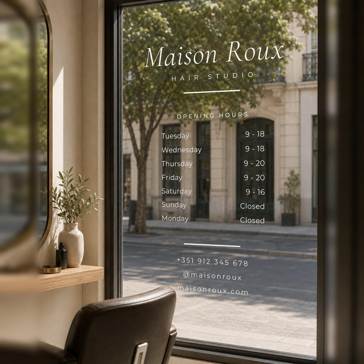 Hair Salon Window Decal, Custom Salon Suite Sign with Name Hours and Instagram, Personalized Vinyl Storefront Lettering