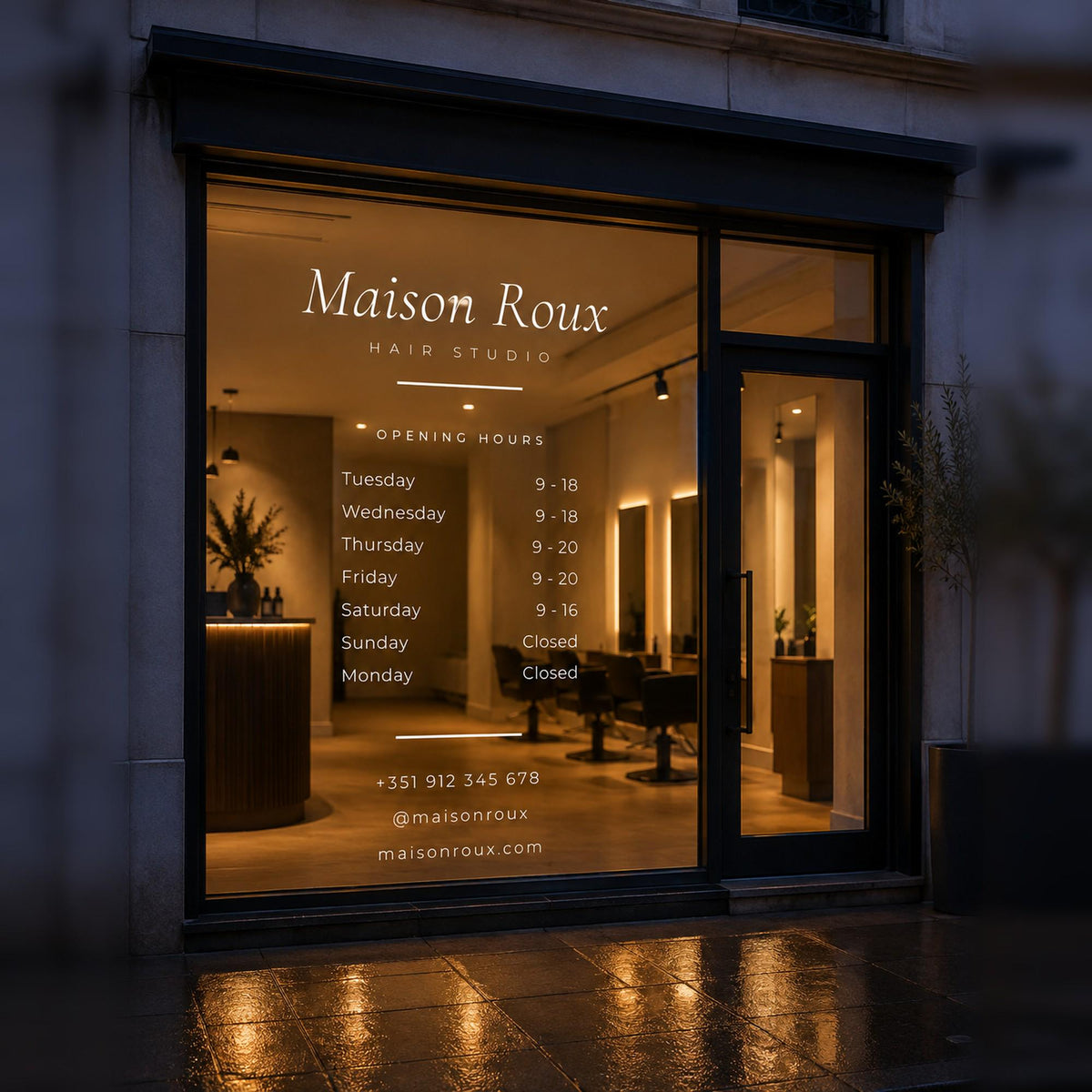 Hair Salon Window Decal, Custom Salon Suite Sign with Name Hours and Instagram, Personalized Vinyl Storefront Lettering