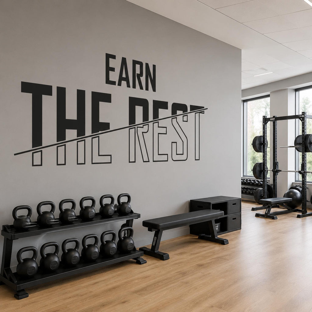 Earn The Rest Wall Decal, Hard Work Pays Off Gym Sign, Recovery Room Fitness Decor, Home Gym Vinyl Lettering
