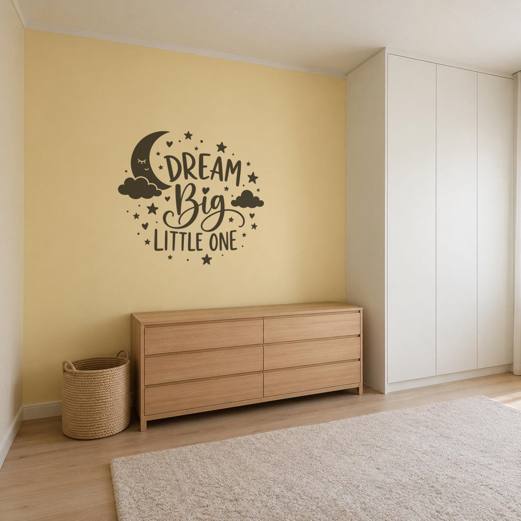 Dream Big Little One Wall Decal, Nursery Moon and Stars Wall Art, Kids Room Vinyl Sticker