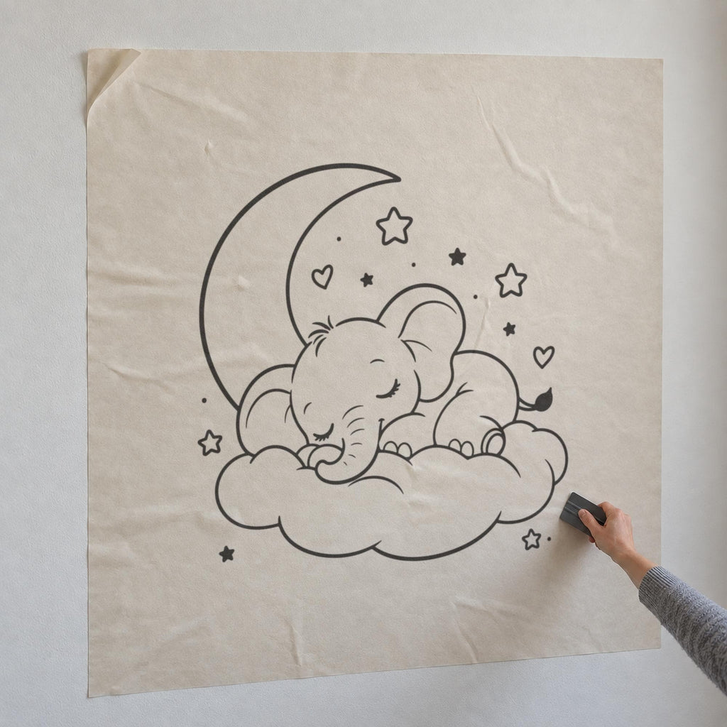 Sleeping Elephant Wall Decal, Baby Elephant on Cloud, Line Art Outline Nursery Sticker