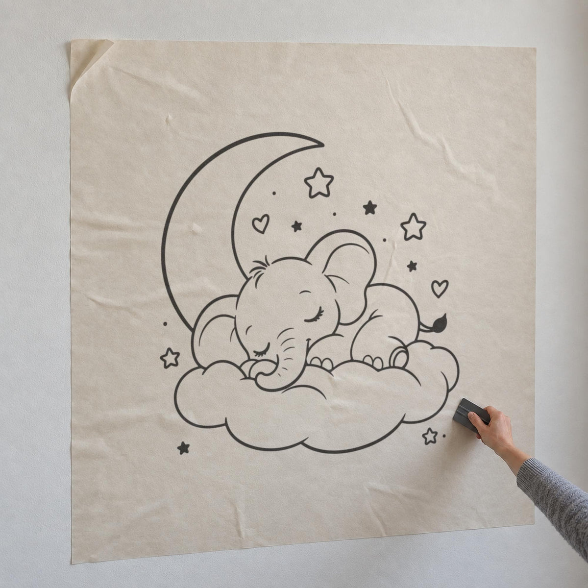 Sleeping Elephant Wall Decal, Baby Elephant on Cloud, Line Art Outline Nursery Sticker