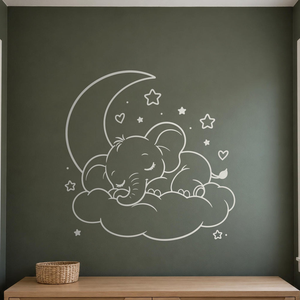 Sleeping Elephant Wall Decal, Baby Elephant on Cloud, Line Art Outline Nursery Sticker