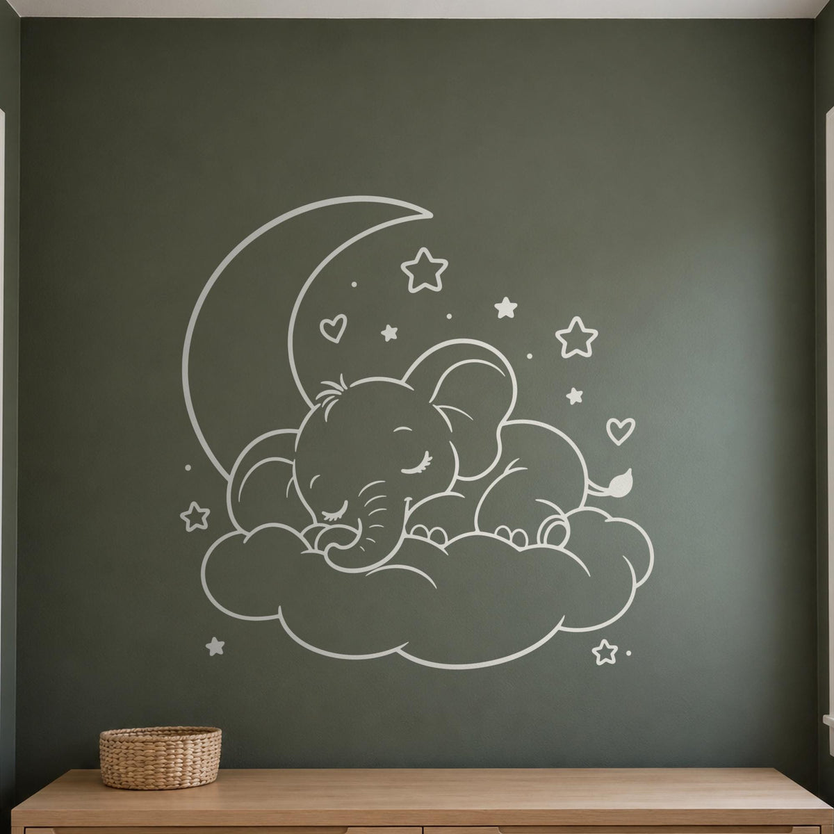 Sleeping Elephant Wall Decal, Baby Elephant on Cloud, Line Art Outline Nursery Sticker