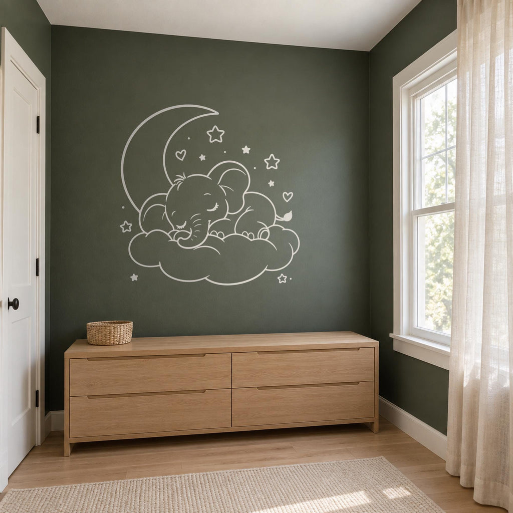 Sleeping Elephant Wall Decal, Baby Elephant on Cloud, Line Art Outline Nursery Sticker