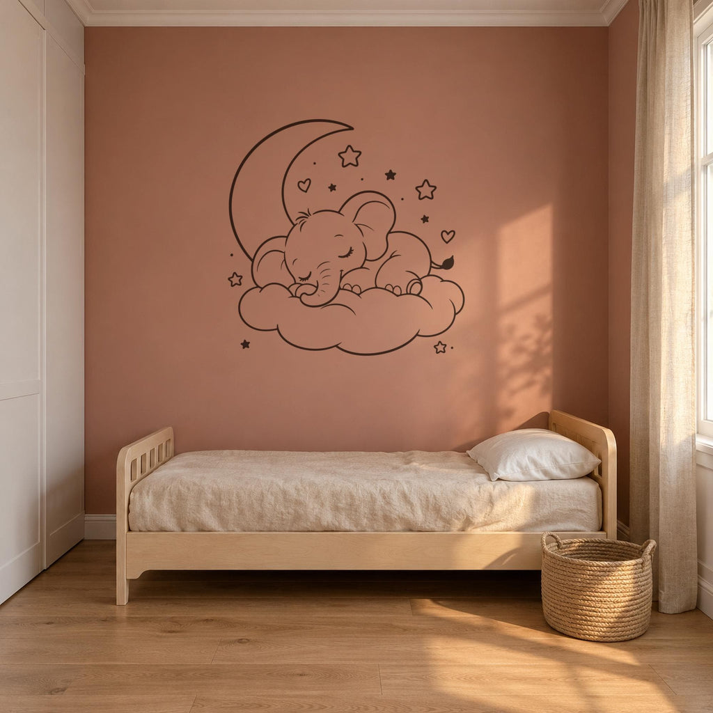 Sleeping Elephant Wall Decal, Baby Elephant on Cloud, Line Art Outline Nursery Sticker