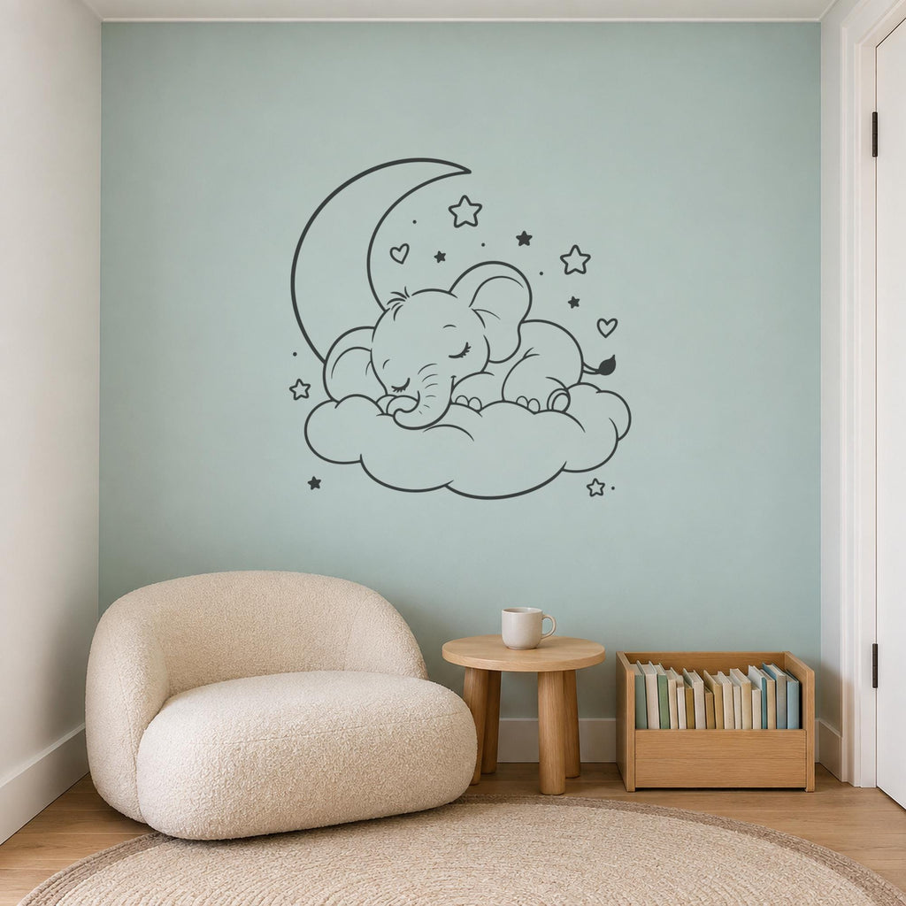 Sleeping Elephant Wall Decal, Baby Elephant on Cloud, Line Art Outline Nursery Sticker