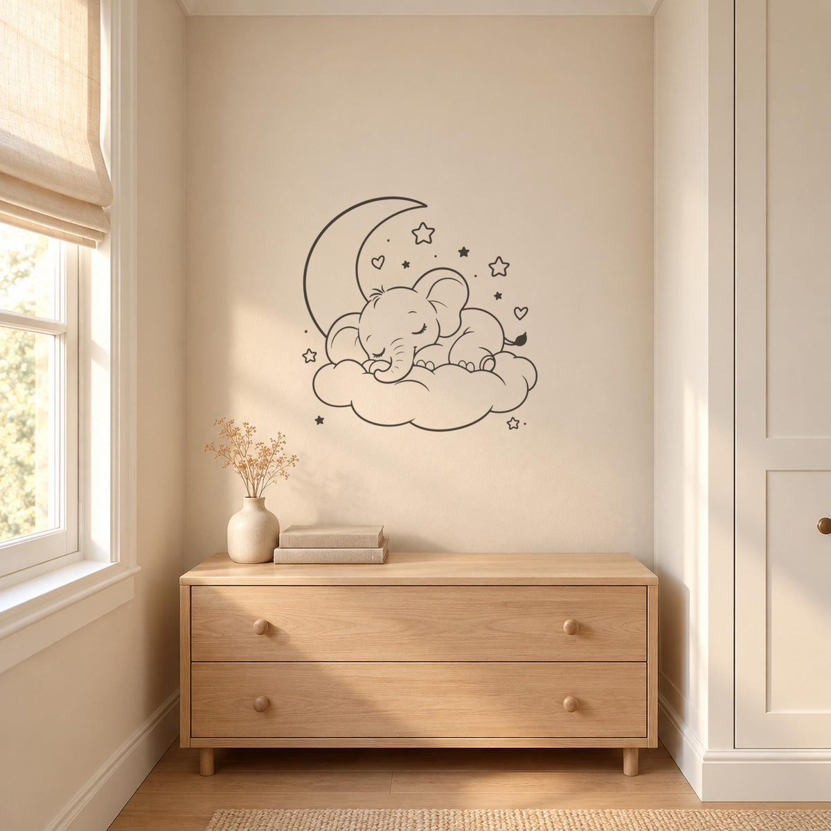Sleeping Elephant Wall Decal, Baby Elephant on Cloud, Line Art Outline Nursery Sticker