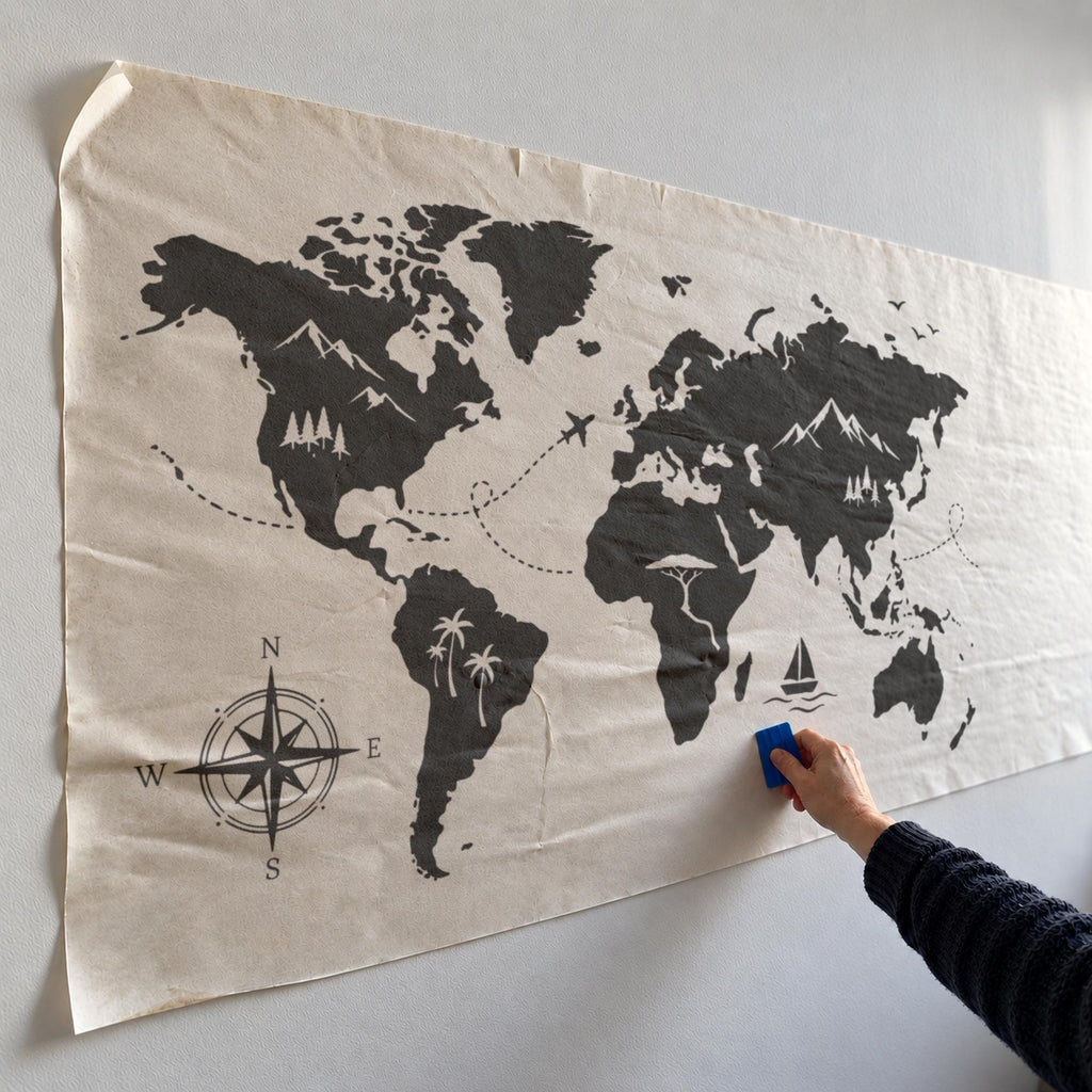 Adventure World Map Wall Decal, Large Travel Map Wall Art, Compass Mountains Vinyl Decor