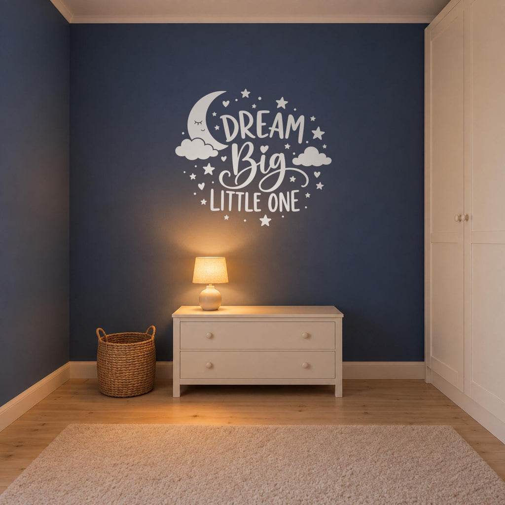 Dream Big Little One Wall Decal, Nursery Moon and Stars Wall Art, Kids Room Vinyl Sticker