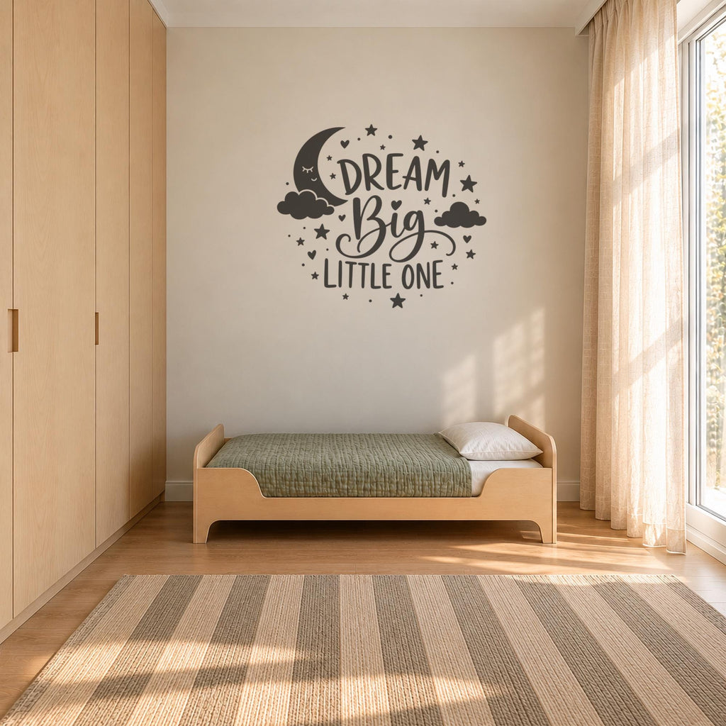 Dream Big Little One Wall Decal, Nursery Moon and Stars Wall Art, Kids Room Vinyl Sticker